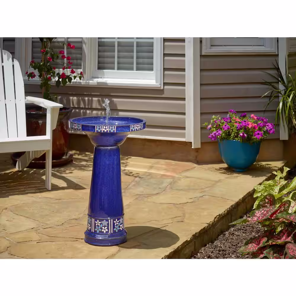 Smart Solar Louisa Ceramic Solar Birdbath in Cobalt Blue