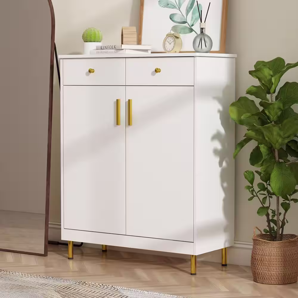 None 31.5 in. W Ã 39.4 in. H, White Wooden Shoes Storage Cabinet with Adjustable Shelves and 2 Drawers For Entryway Hallway