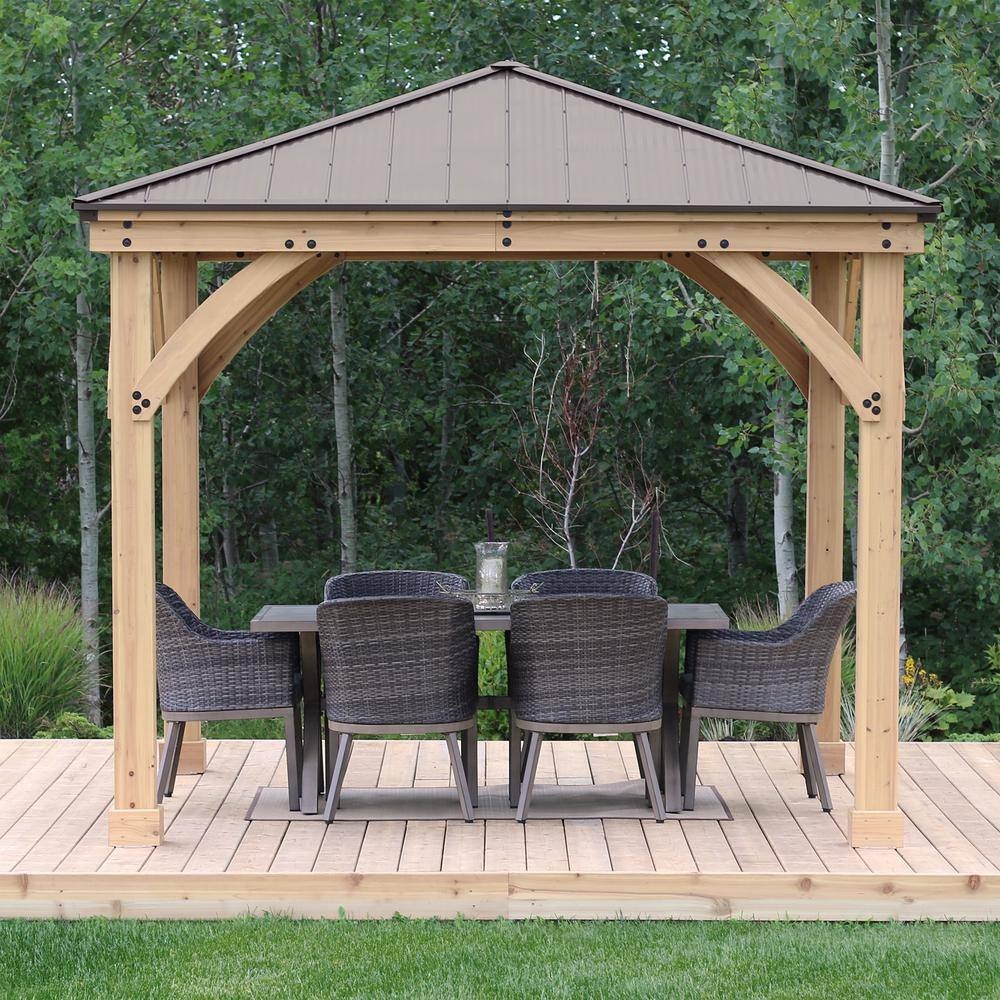 Yardistry Meridian 10 ft. x 12 ft. Premium Cedar Outdoor Patio Shade Gazebo with a 10 ft. Bar Counter and Brown Aluminum Roof