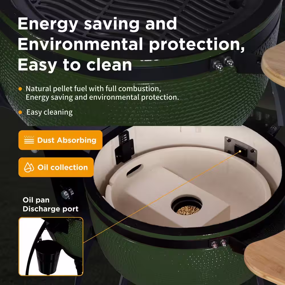 None 24 in. 4-in-1 Smoked Ceramic Pellet Grill in Dark Green with 19.6 in.  Dia Gridiron Double Ceramic Liner