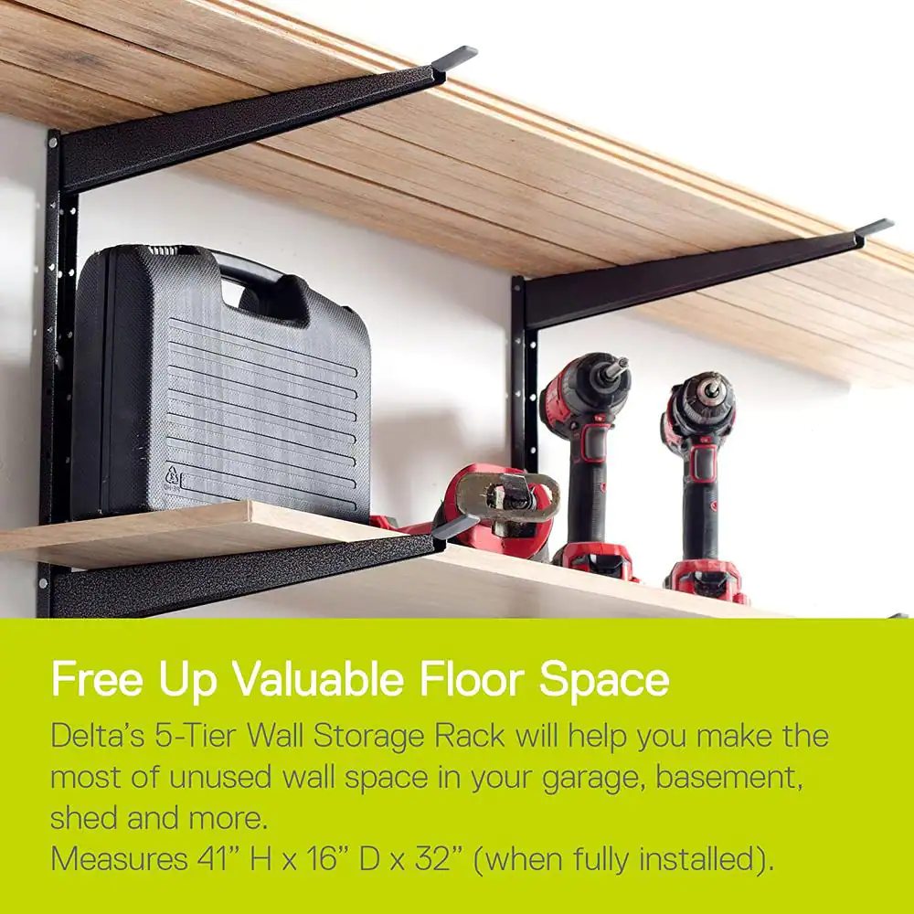 Delta 16 in. x 41 in. Heavy Duty Wall Rack, Adjustable 5 Tier Lumber Rack Holds 800 lbs. Steel Garage Wall Shelf with Brackets