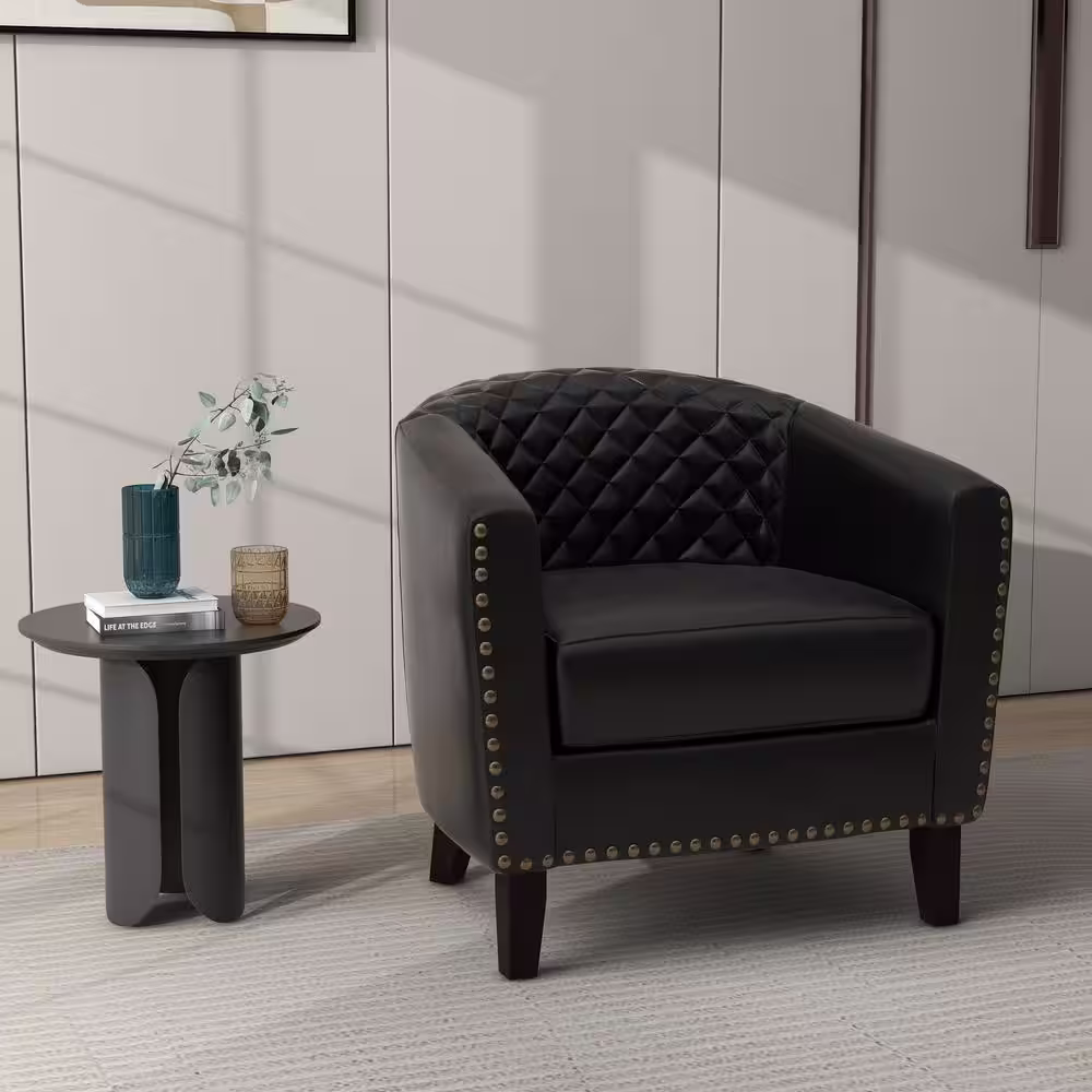Uixe Mid-Century Black PU Leather Nailhead Trim Upholstered Accent Barrel Chair With Solid Wood Legs