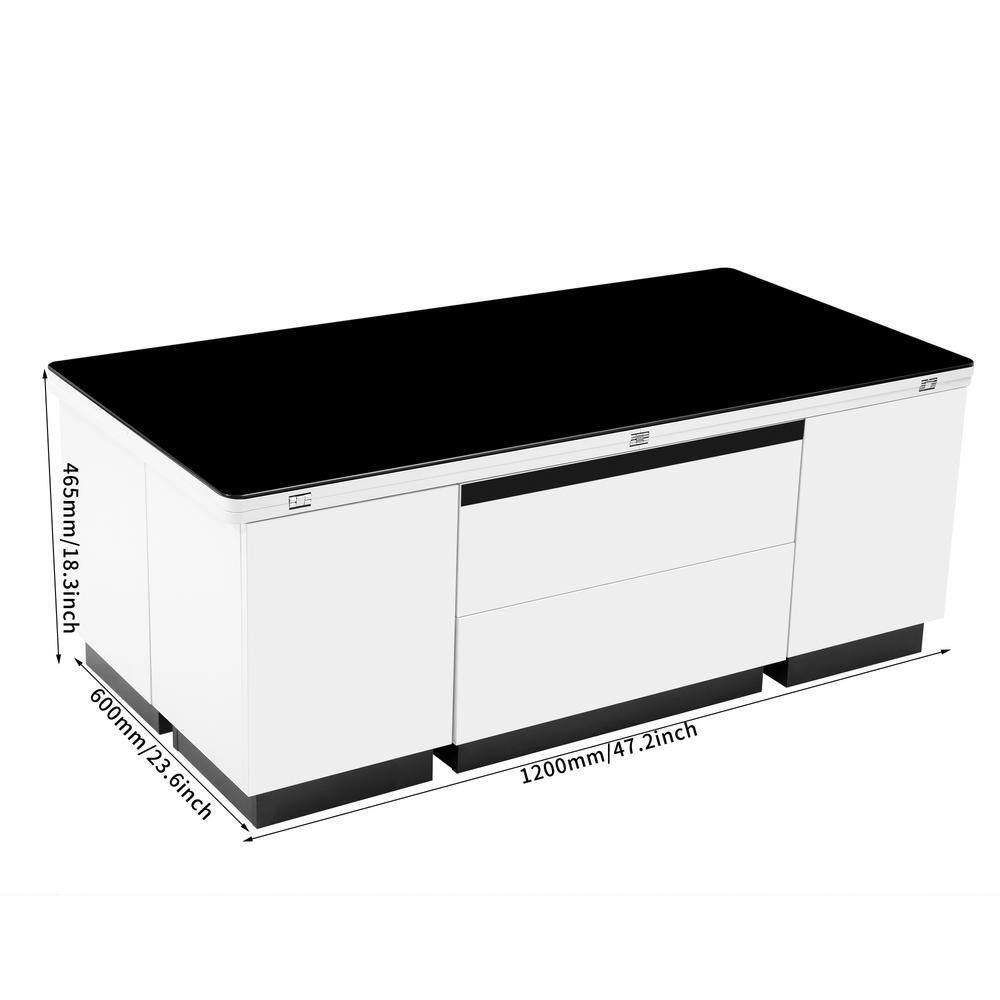 Harper & Bright Designs Modern 47.2 in. Black and White Rectangle Tempered Glass Lift Top Coffee Table with Drawers and Cabinets