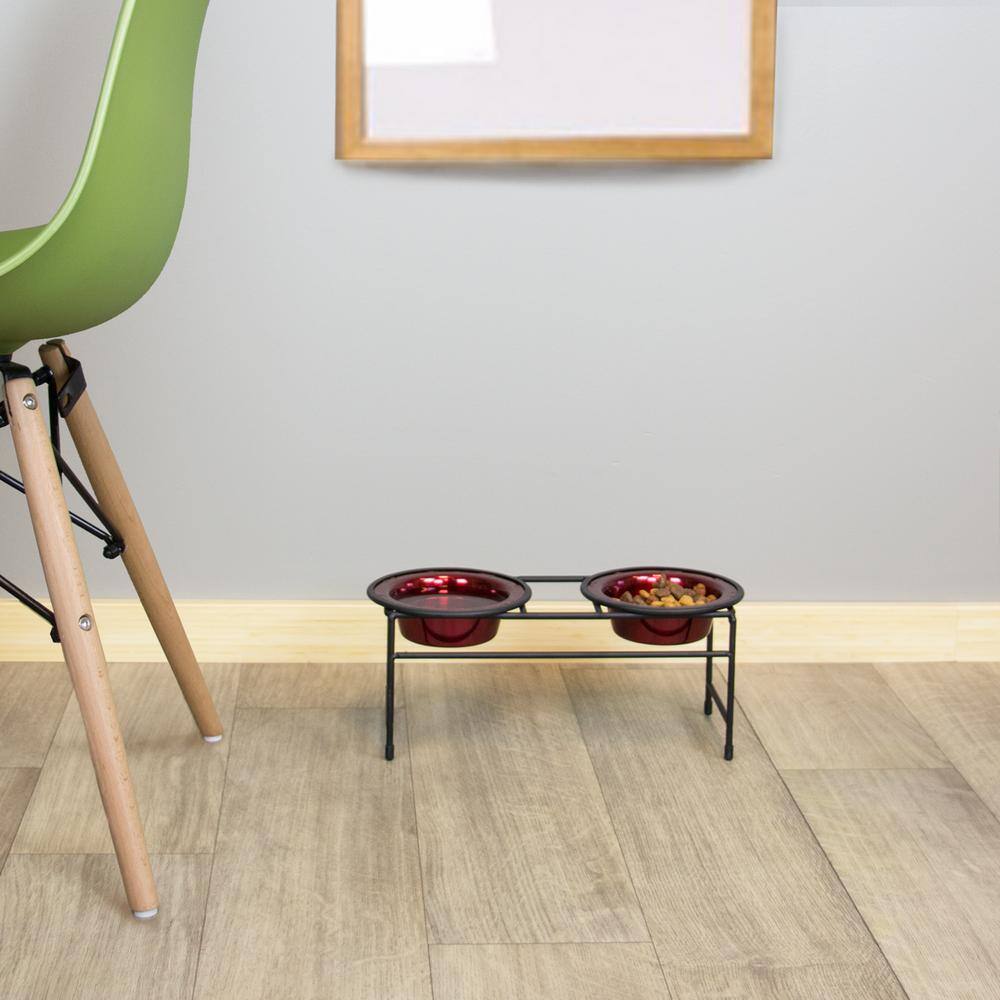 Platinum Pets Modern Double Diner Feeder with Stainless Steel Cat/Dog Bowls, Candy Apple Red