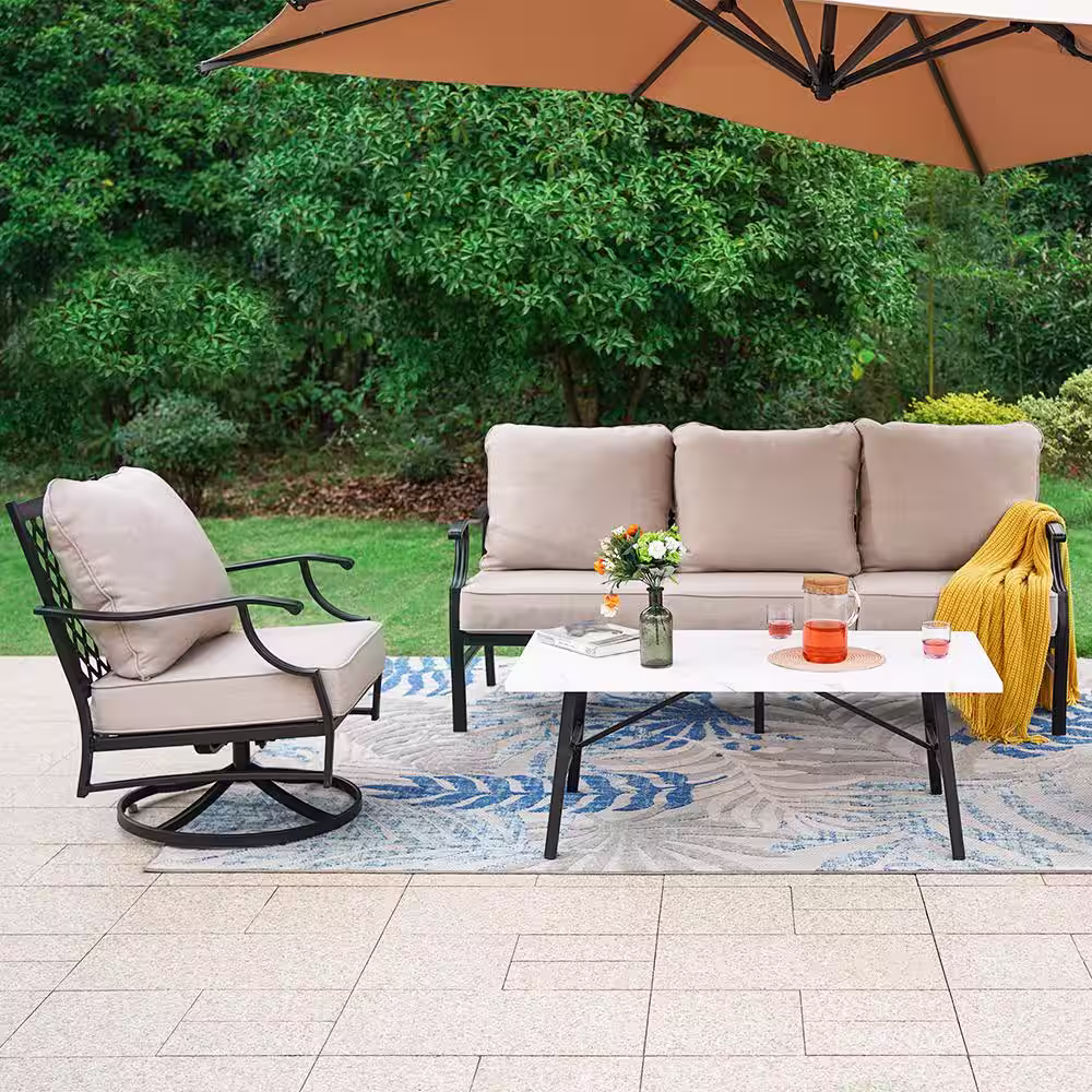 None Metal 5 Seat 4-Piece Steel Outdoor Patio Conversation Set With Beige Cushions, Swivel Chairs and Marble Pattern Table