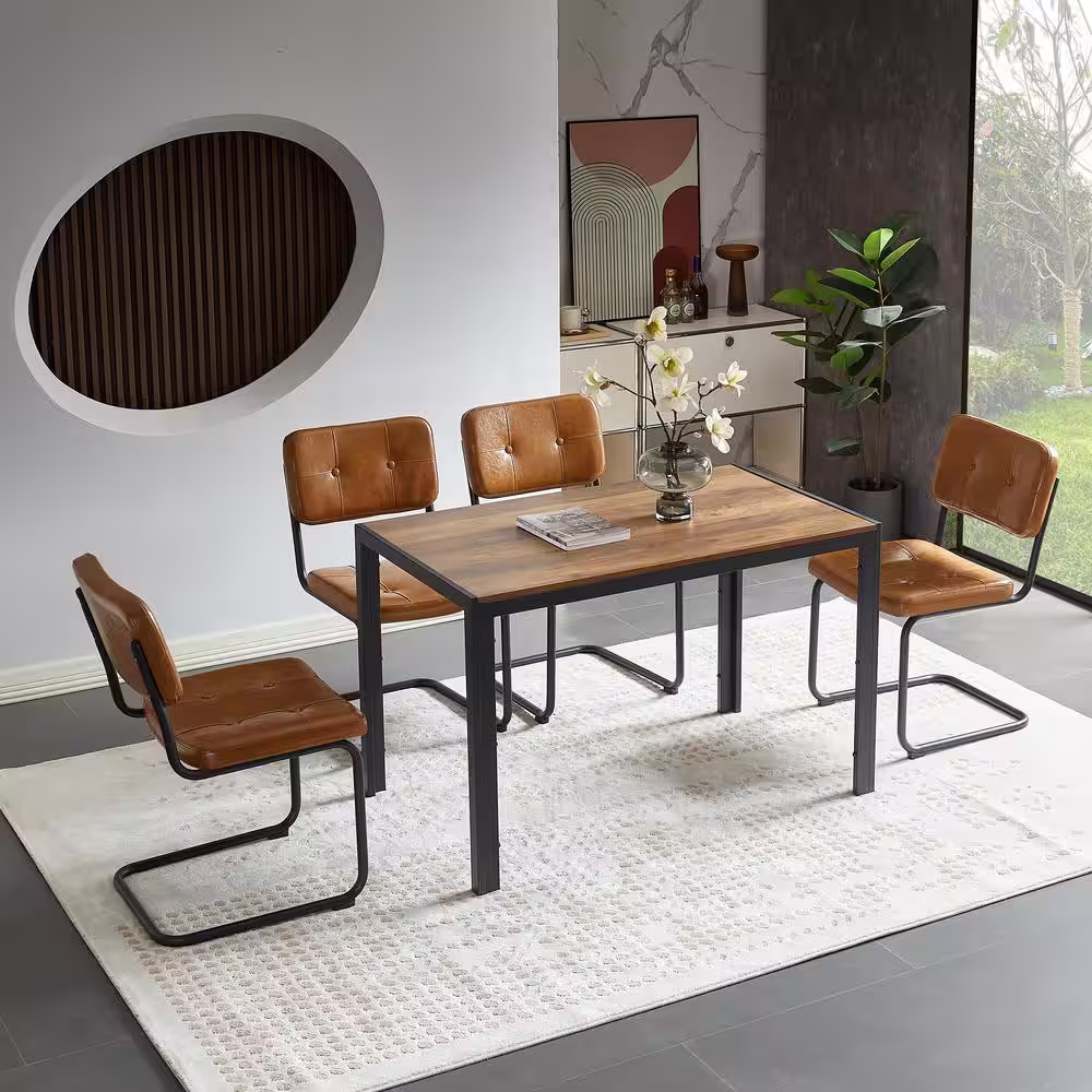 None Set of 4-Modern Mid Century Brown PU Leather Upholstered Armless Dining Chair with Black Metal Pipe Legs