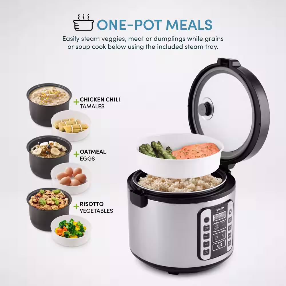 AROMA 20-Cup Stainless Steel Digital Cool-Touch Rice Cooker and Food Steamer