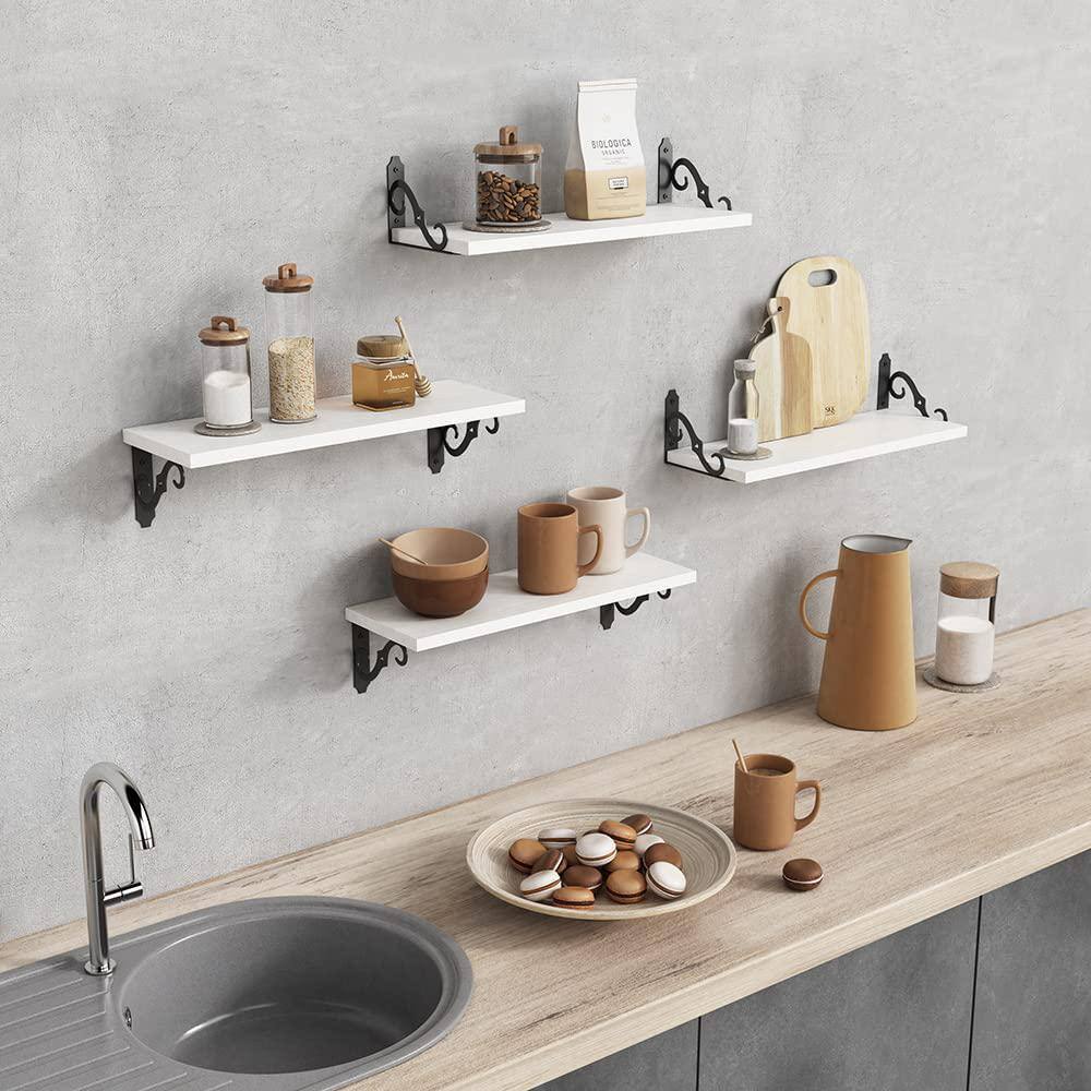 None 17 in. W x 6 in. D White Wood Decorative Wall Shelf Floating Shelves with Brackets Set of 4