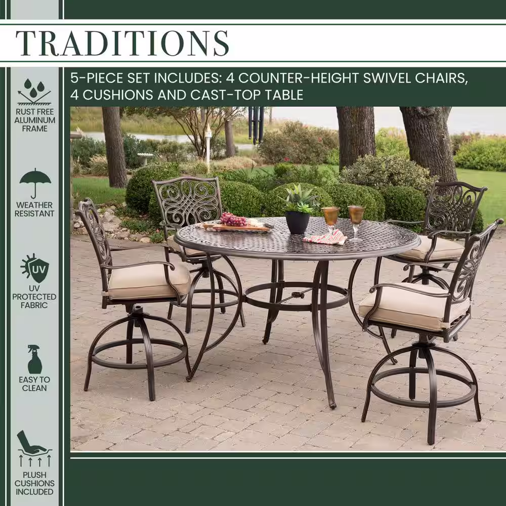 Hanover Traditions 5-Piece Aluminum Round Outdoor High Dining Set with Swivel Chairs with Natural Oat Cushions