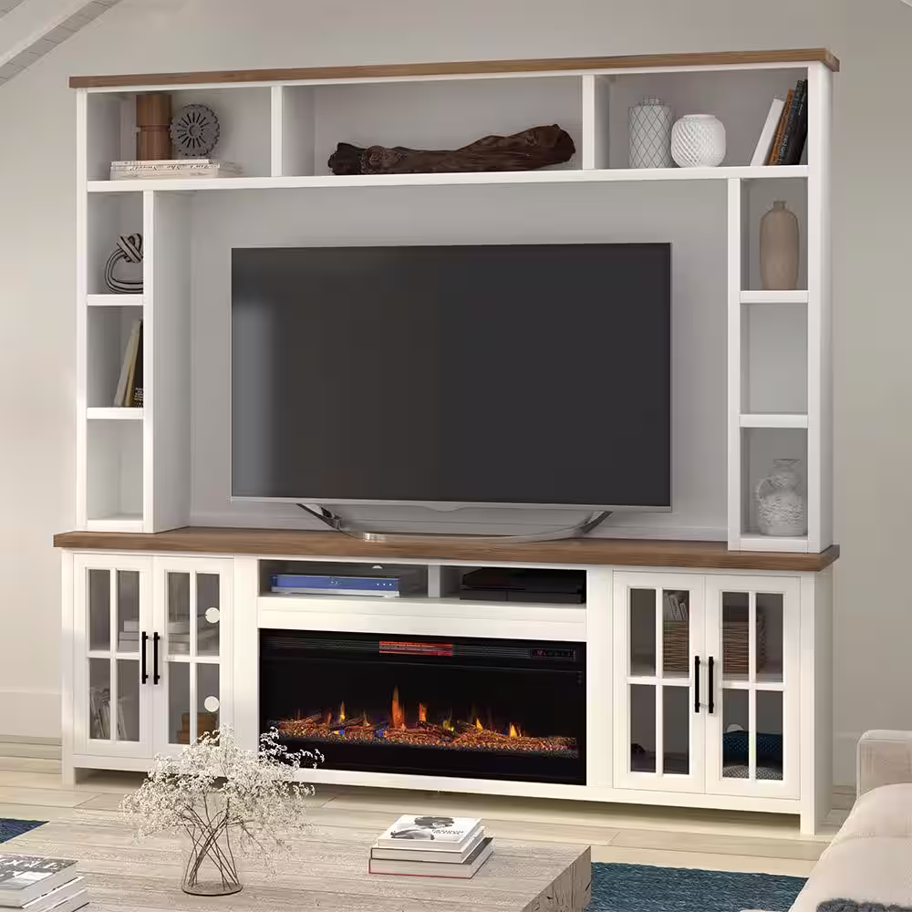Bridgevine Home Hampton White & Bourbon TV Stand Fits TV's up to 85 in. with Electric Fireplace