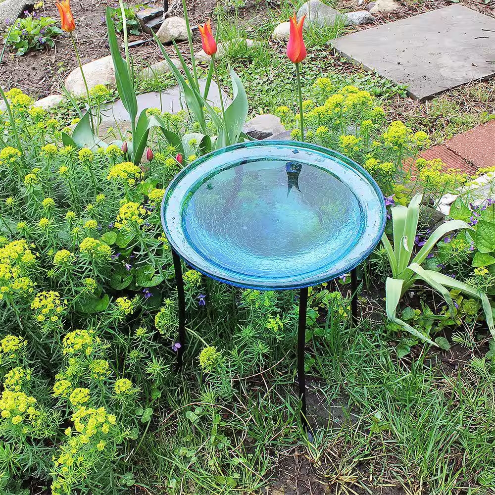 Achla Designs 12.5 in. Dia Teal Blue Reflective Crackle Glass Birdbath Bowl