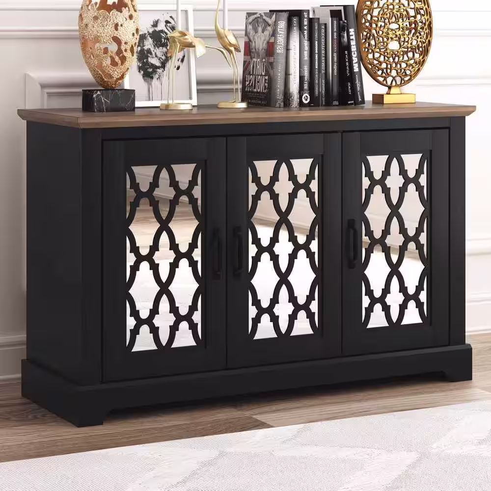 GALANO Heron 45.8 in. Composite Top Black with Knotty Oak 3-Door Wide Sideboard