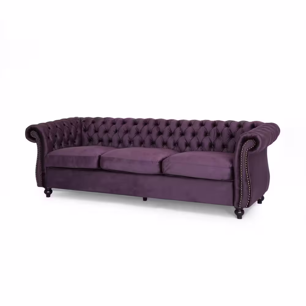 Noble House Sommerville Blackberry Velvet 3-Seater Chesterfield Sofa with Flared Arms