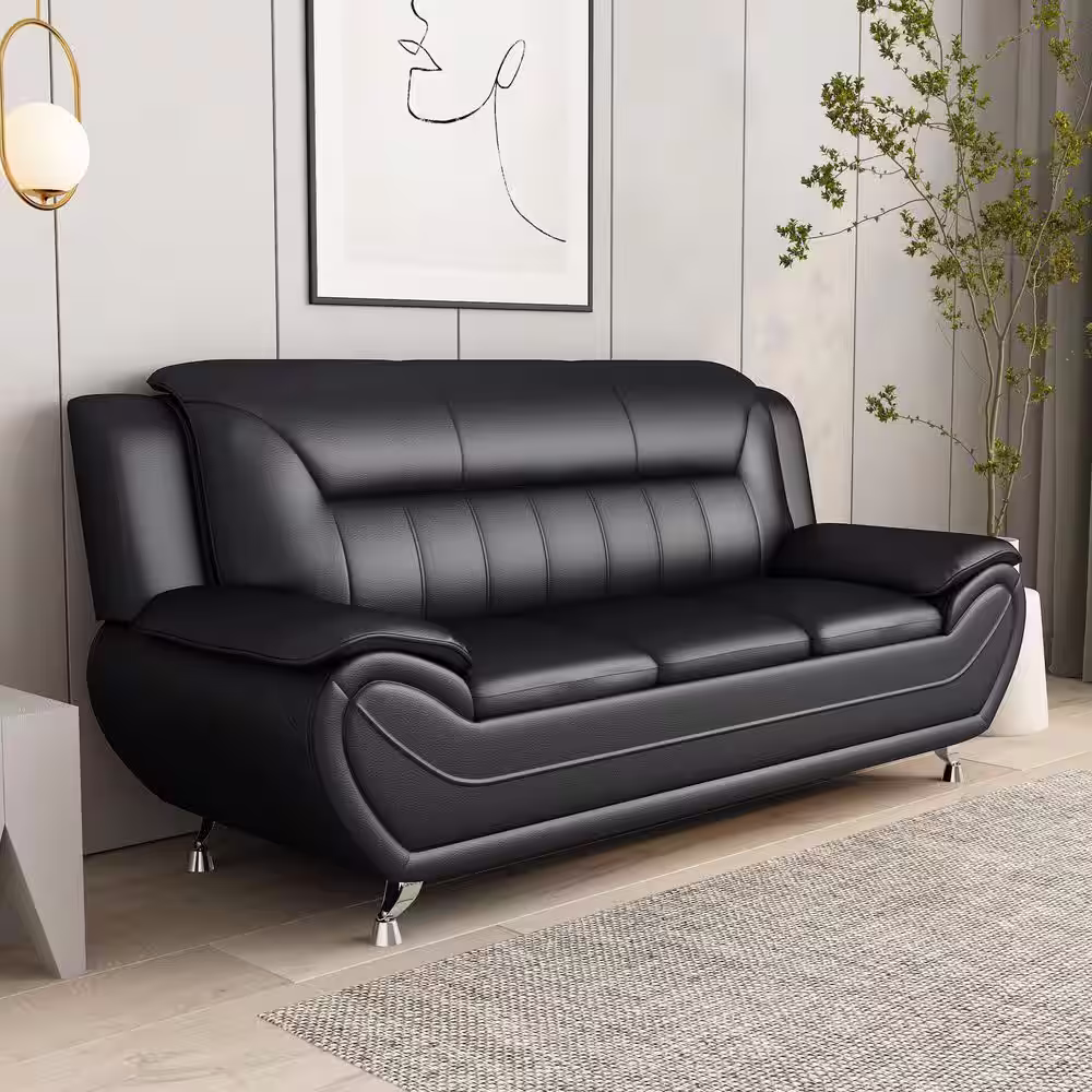 US Pride Furniture Sanuel 79.2 in.W Pillow Top Round Arm Faux Leather Mid-Century straight 3-Seater Sofa in Black