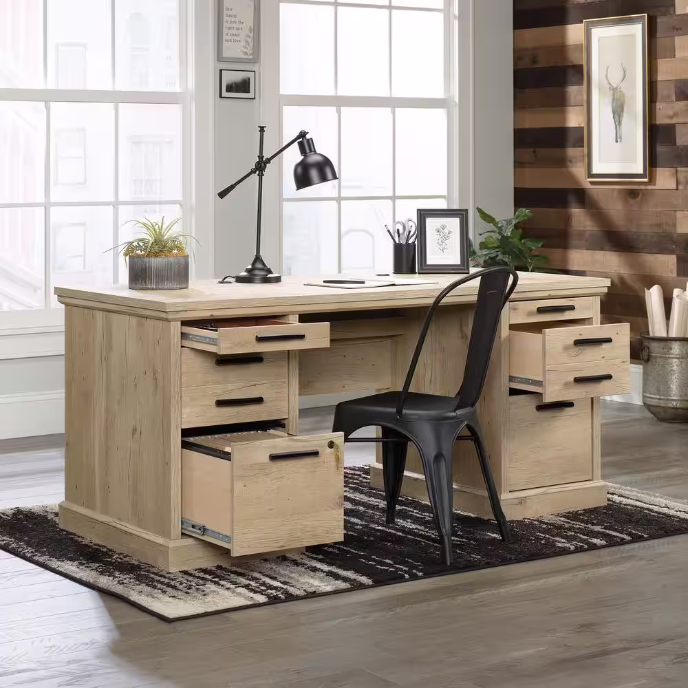 SAUDER Aspen Post 65.118 in. W Prime Oak 6-Drawer Executive Desk