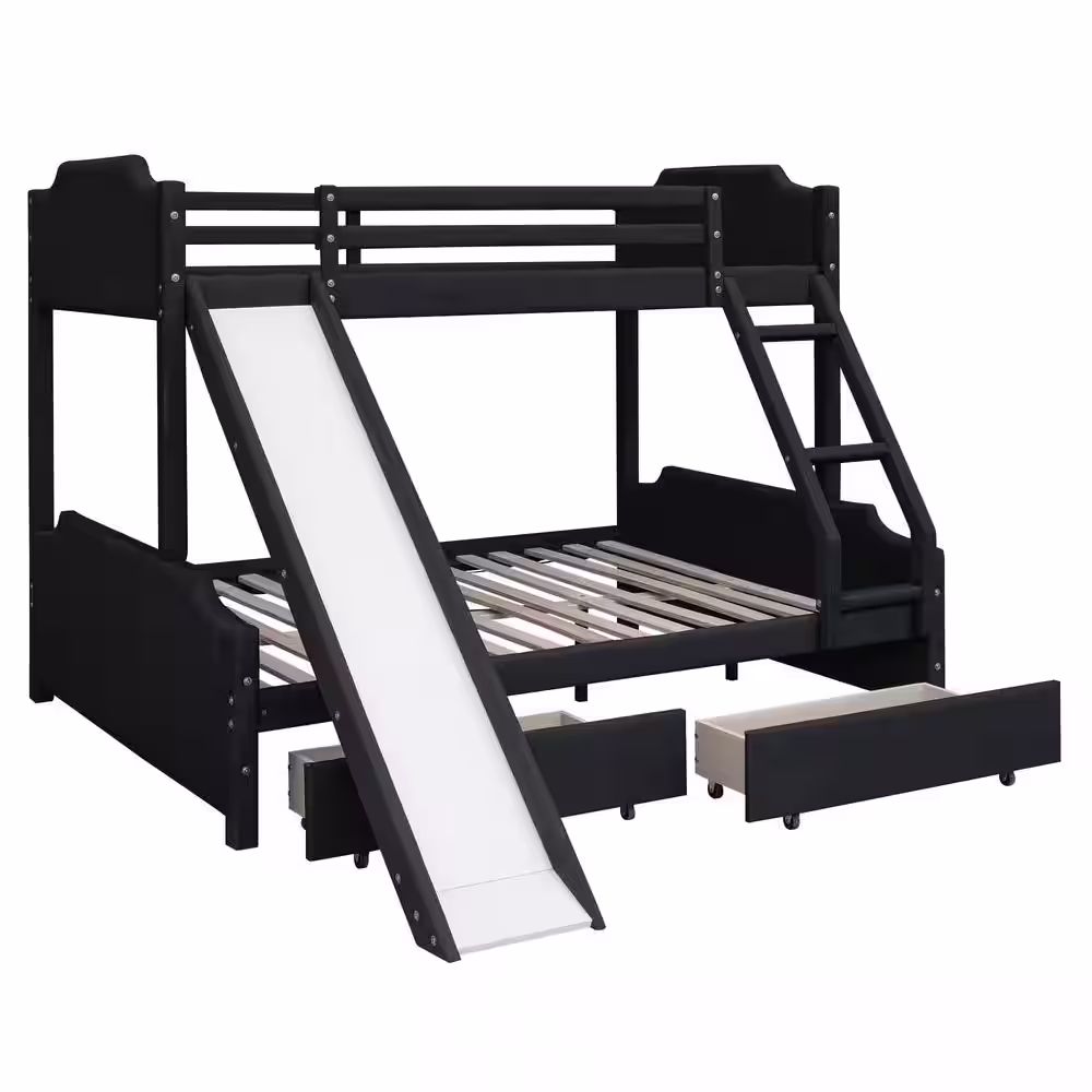 Harper & Bright Designs Black Twin over Full Upholstery Bunk Bed with Ladder, Slide and 2 Drawers