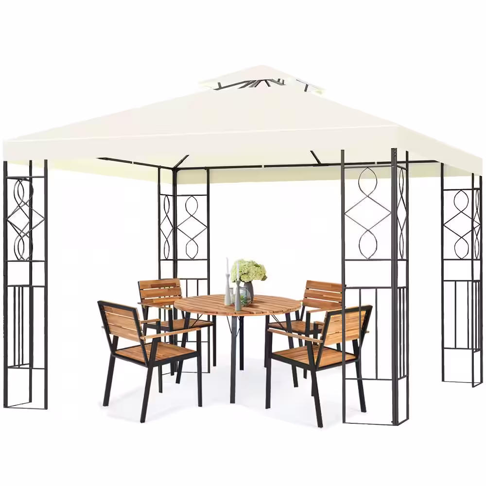 HONEY JOY 10 ft. x 10 ft. 2-Tiers White Outdoor Canopy Gazebo Art Steel Frame Party Patio Large Canopy Gazebo with Netting