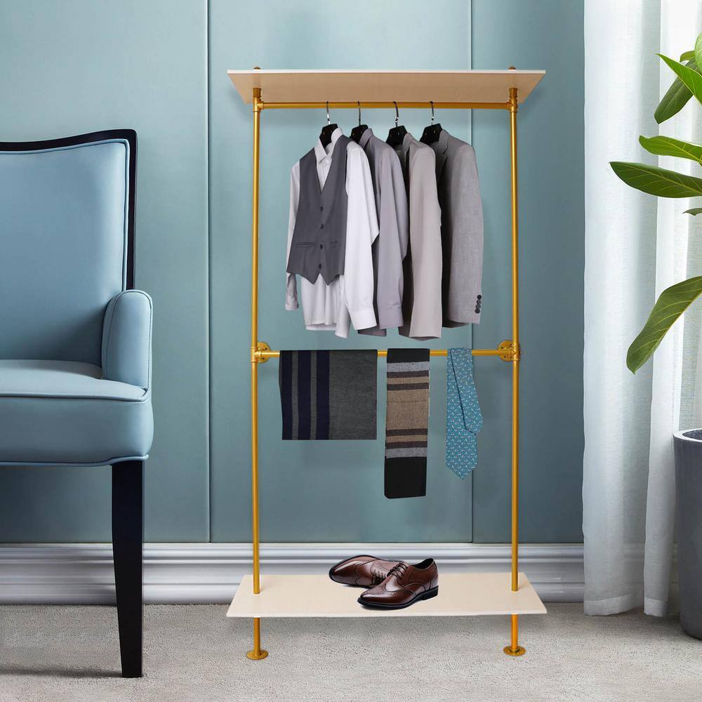 None Gold Wall-Mounted Modern Industrial Iron Pipe Hanging Rods Clothes Rack with 2 Tier Wood Shelf 92.13 in. H x 17.7 in. W