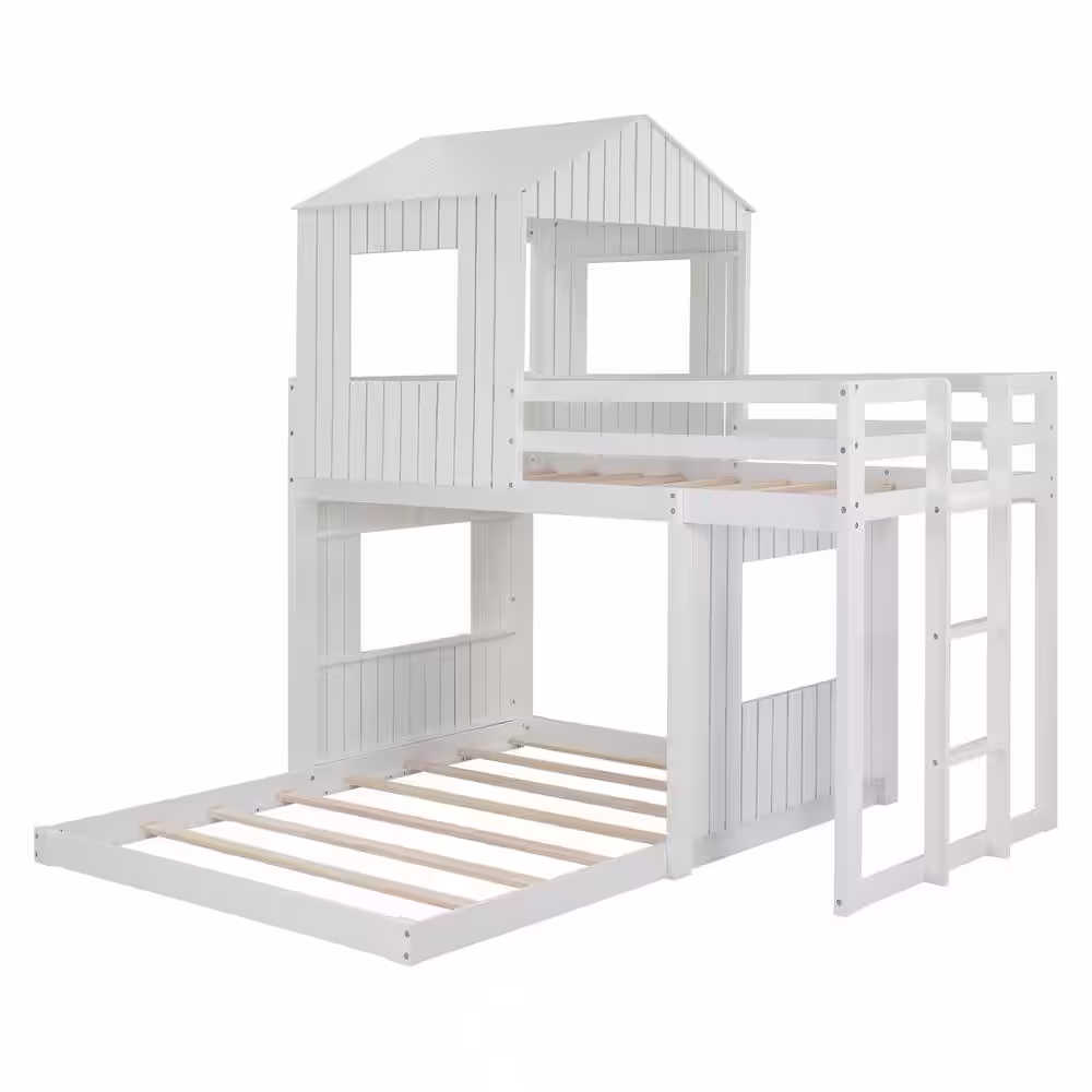 Harper & Bright Designs White Twin Over Full Wooden Playhouse Bunk Bed with Ladder and Guardrails