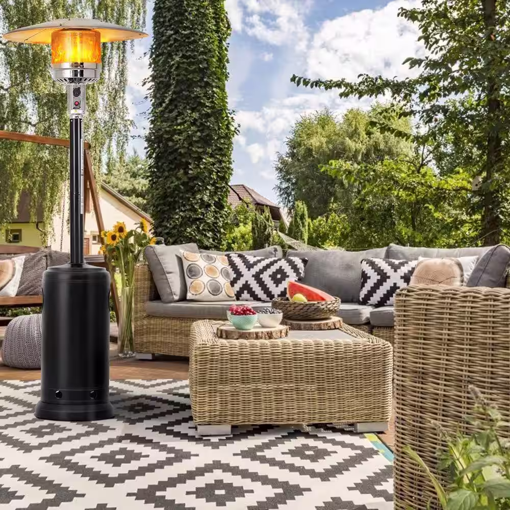 None 48,000 BTU Stainless Steel Black Propane Patio Heater with Wheels