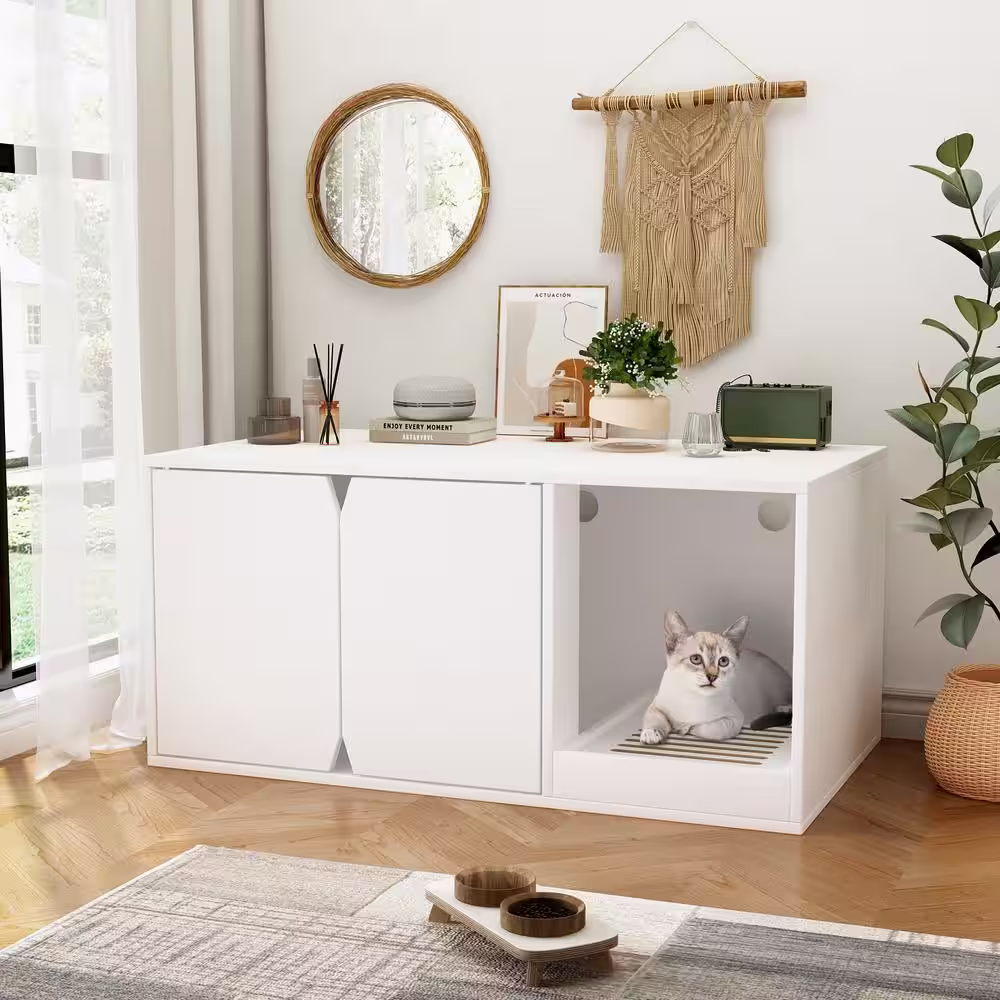None White Wood Cat Litter Box Enclosure Furniture, Modern Large Stackable Cat Washroom Storage Cabinet with Litter Catch Box