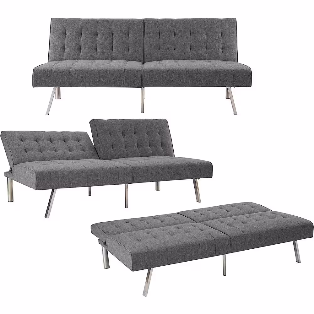 HOMESTOCK Gray, Linen Tufted Split Back Futon Sofa Bed, Linen Couch Bed, Futon Convertible Sofa Bed with Metal Legs