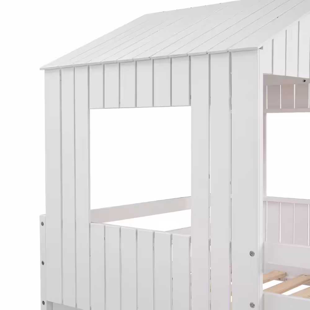 Harper & Bright Designs White Wood Frame Twin over Full House Bunk Bed with Slide, Roof and Windows Design