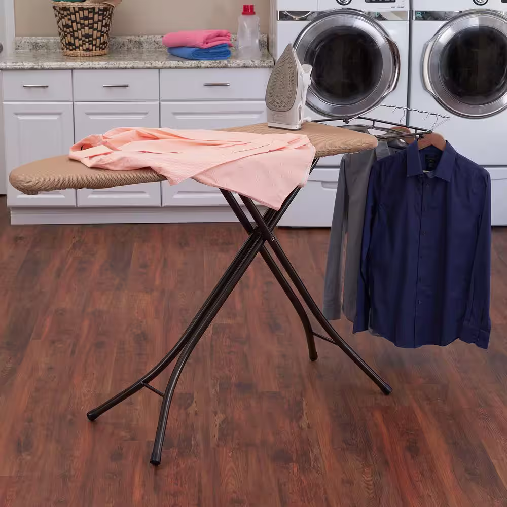 HOUSEHOLD ESSENTIALS 4-Leg Mega Wide Top, Free-Standing Ironing Board with Fixed Iron Rest FiberTech Cover and Fiber Pad
