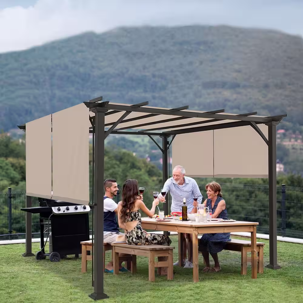 None Outdoor Gazebo Pergola 10 ft. x 10 ft. with Retractable Sun Shade Canopy, Beige