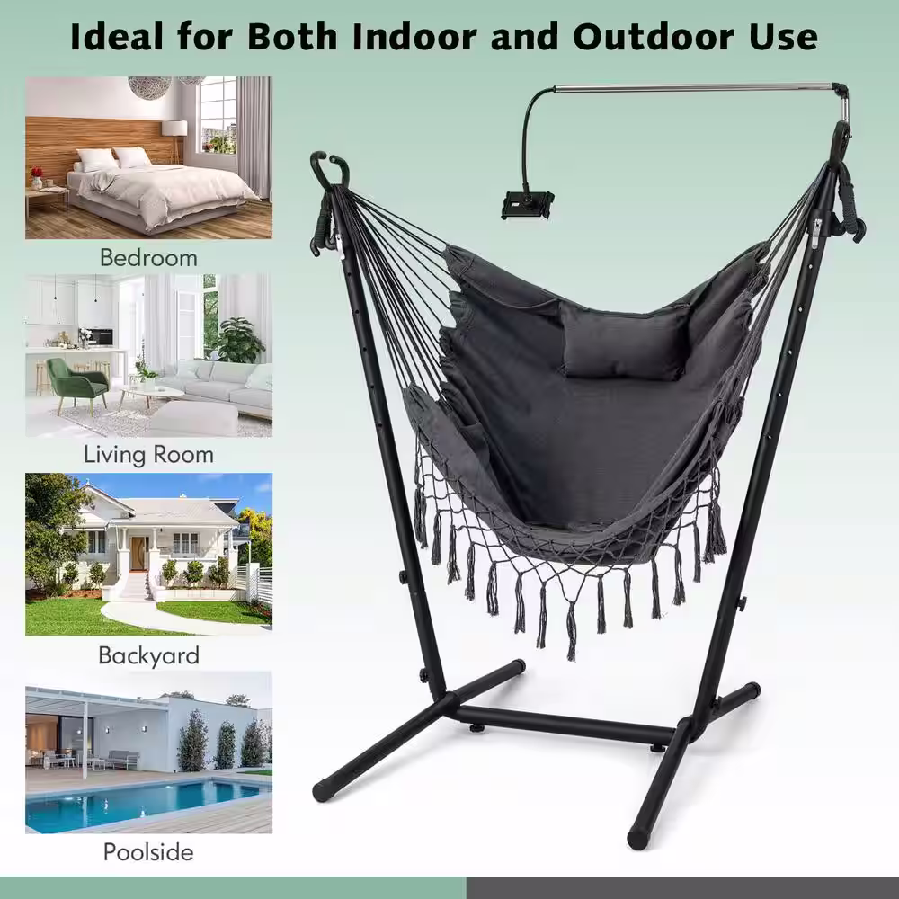 ANGELES HOME 5 ft. Free Standing Height Adjustable Hammock Chair with Phone Holder and Side Pocket in Gray