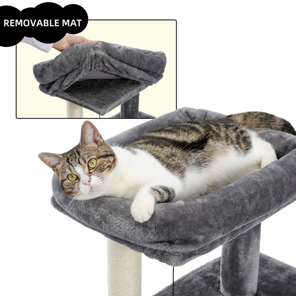 None 34 in. H Gray Cat Tree Cat Tower Double Condos Spacious Perch Wrapped Scratching Sisal Posts Replaceable Dangling Balls