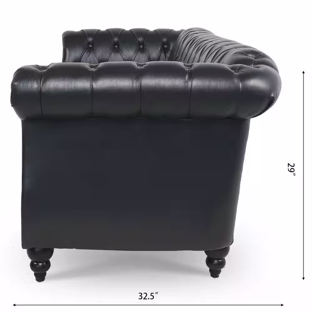 Harper & Bright Designs 84 in. W Rolled Arm Faux Leather Chesterfield Straight Sofa in Black