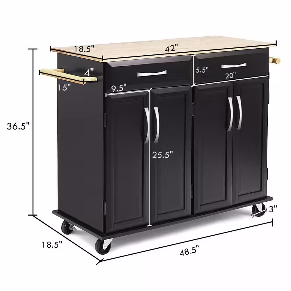 Costway Black Kitchen Cart with Natural Wood Top and Cabinet Storage