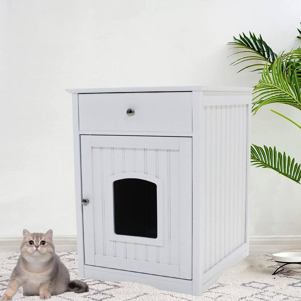 None Cat Litter Box Enclosure Hidden Litter Box Furniture Cabinet Cat House Side Table Large Pet Crate Nightstand in White