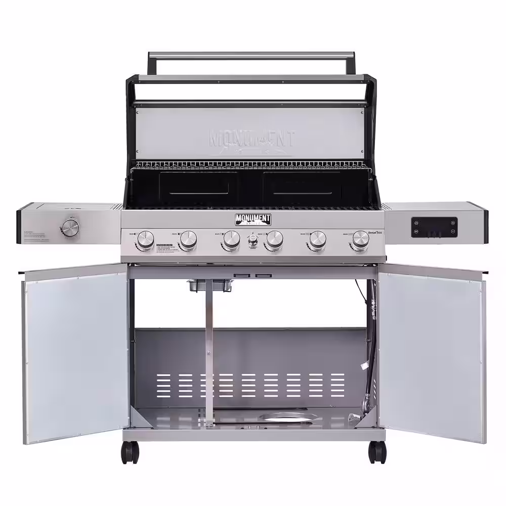 Monument Grills Denali 6-Burner Propane Gas Grill in Stainless with Clearview Lid, 3-Phase LED Controls and Side Burner Box A