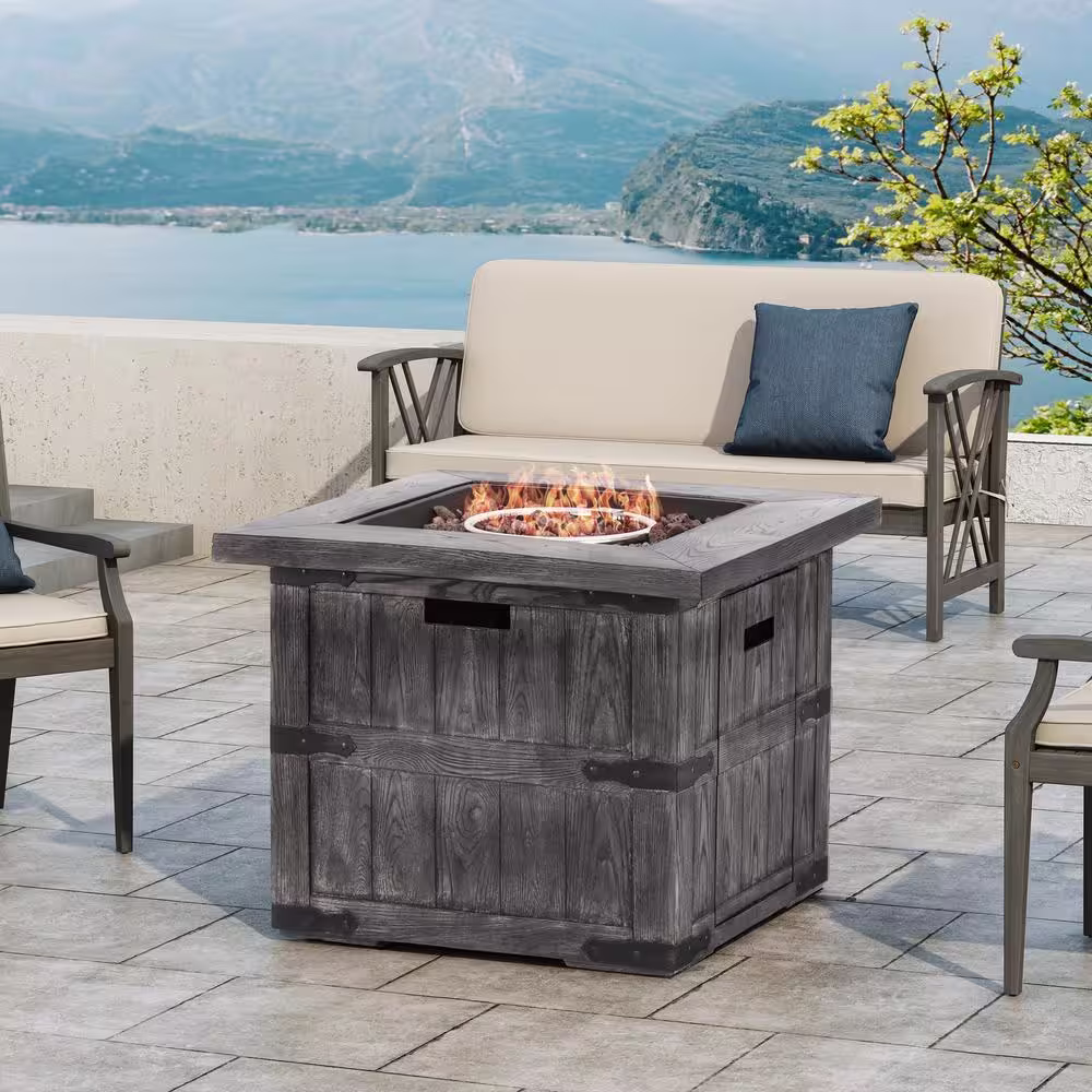 Noble House Pondway Gray Wood Textured Stone Fire Pit