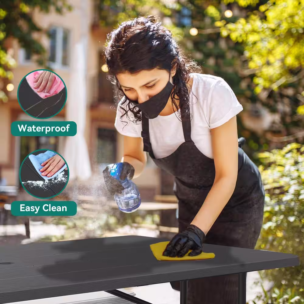 None 6 ft. Black Rectangular HDPE Folding Picnic Table and Bench with Umbrella Hole