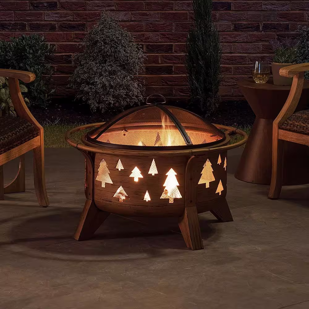 Sunjoy AmberCove 30 in. Outdoor Tree Motif Round Wood Burning Firepit
