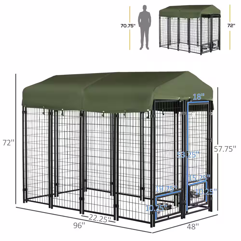 PawHut 0.0007-Acre Black Steel In-Ground Dog Fence Dog Kennel with Canopy, Rotating Bowl Holders