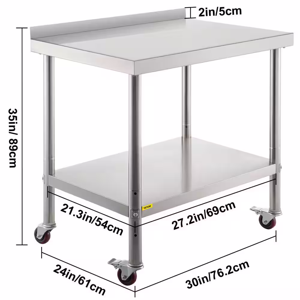 VEVOR Stainless Steel Prep Table 30 x 24 x 35 in. Heavy Duty Metal Worktable with Adjustable Undershelf Kitchen Utility Tables