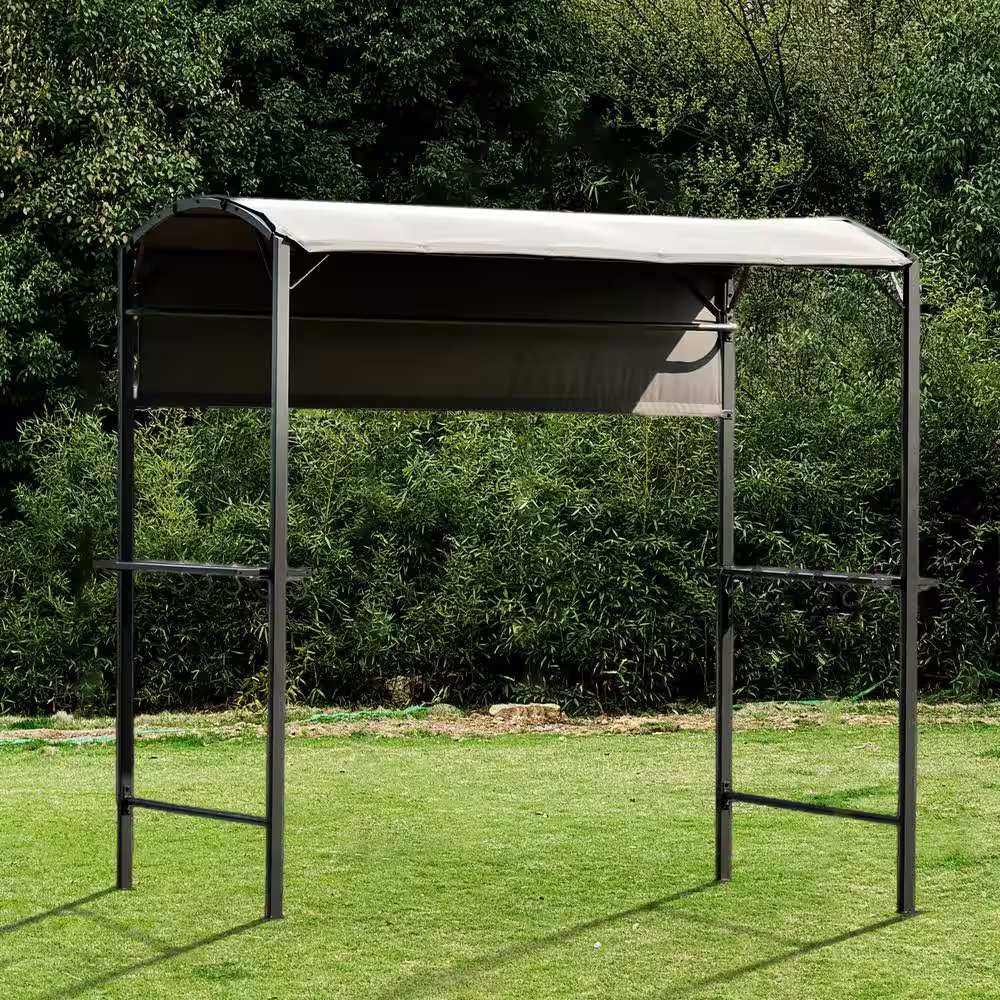 None 7 ft. x 6.8 ft. Steel Double-Layer Soft-Top BBQ Canopy Pavilion with Side Awning, Bar Counters and Hooks