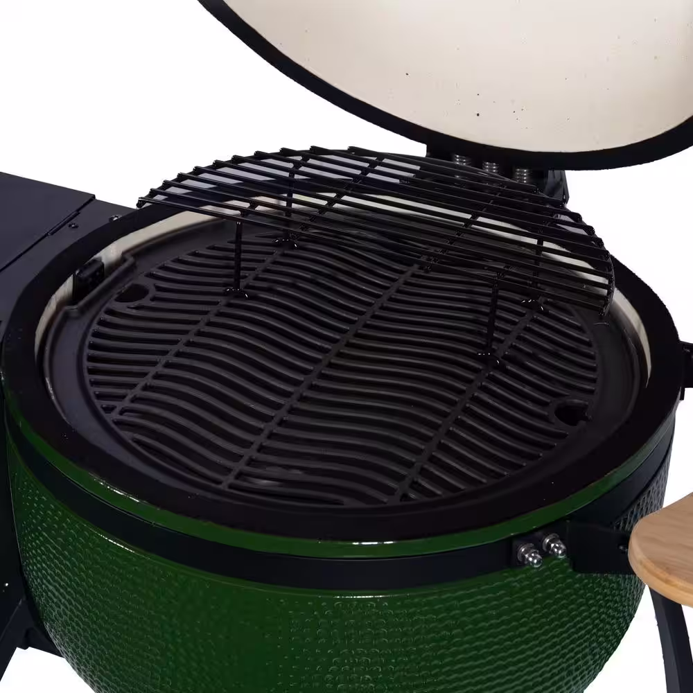 None 24 in. 4-in-1 Smoked Ceramic Pellet Grill in Dark Green with 19.6 in.  Dia Gridiron Double Ceramic Liner