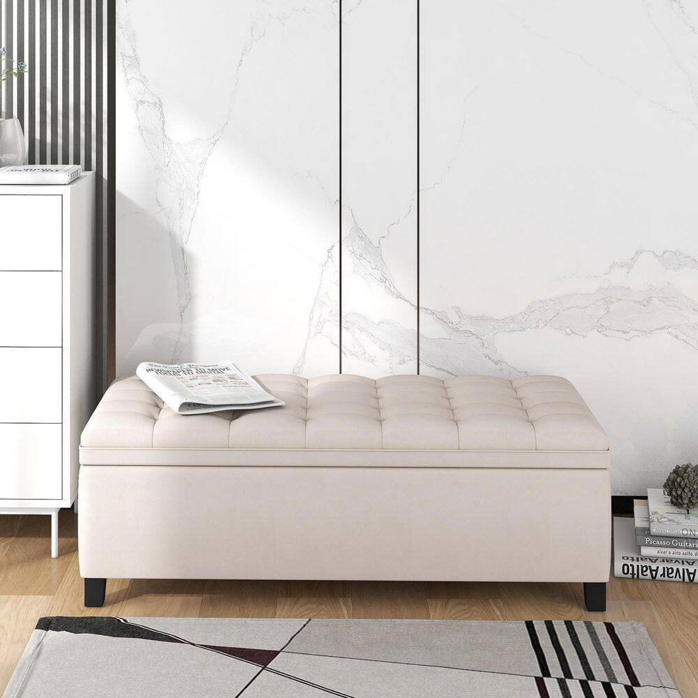 None Beige Upholstered Flip Top Storage Bench Button Tufted Top for Bedroom End of Bed (16.1 in. H x 46.5 in. W x 20.1 in. D)