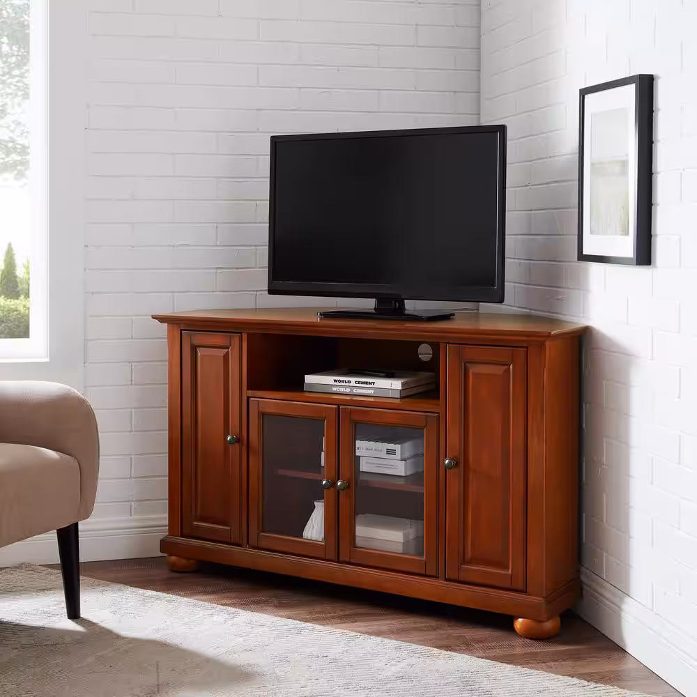 Crosley Alexandria 48 in. Cherry Wood Corner TV Stand Fits TVs Up to 52 in. with Storage Doors