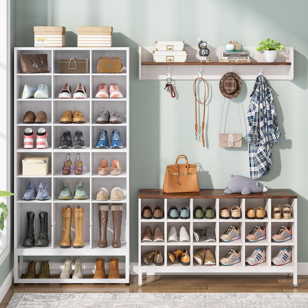 None Carmalita Black and Gray Hall Tree with Shoe Cubby and Coat Rack, Shoe Rack Bench with Wall Mounted Shelf and Hooks