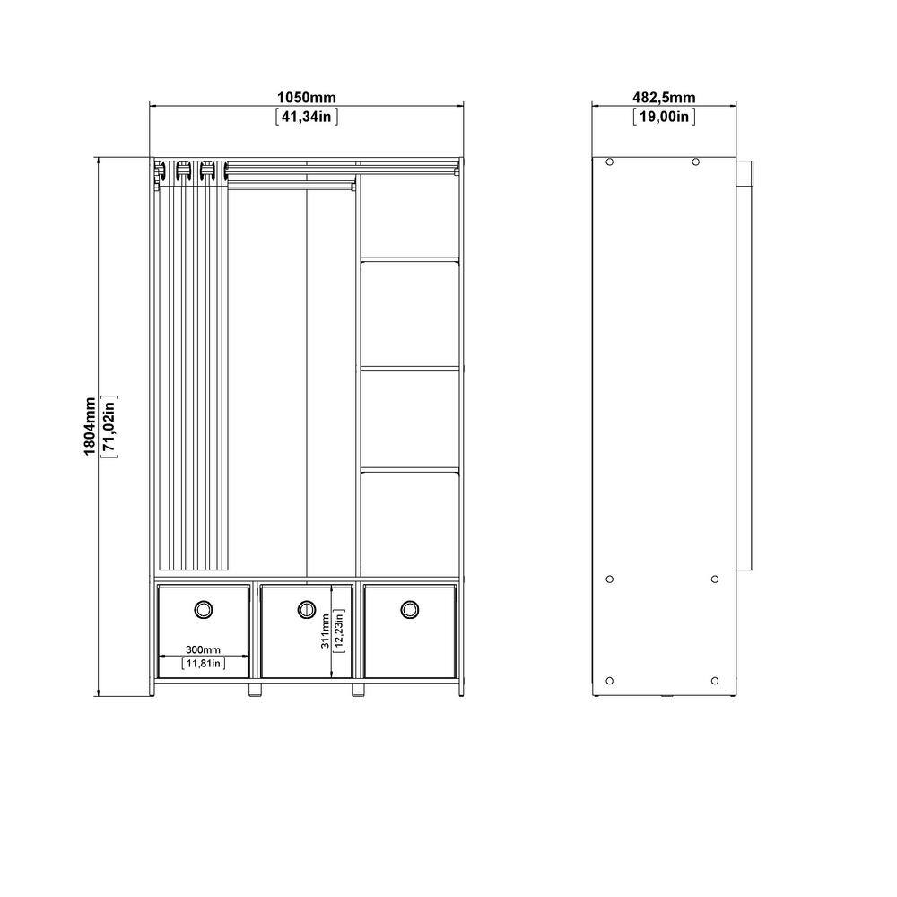 Tvilum Lola Oak Structure/Natural Fabric/Grey Textile Armoire with 3-Bins and Curtain 71.02 in. H x 41.34 in. W x 19.00 in. D