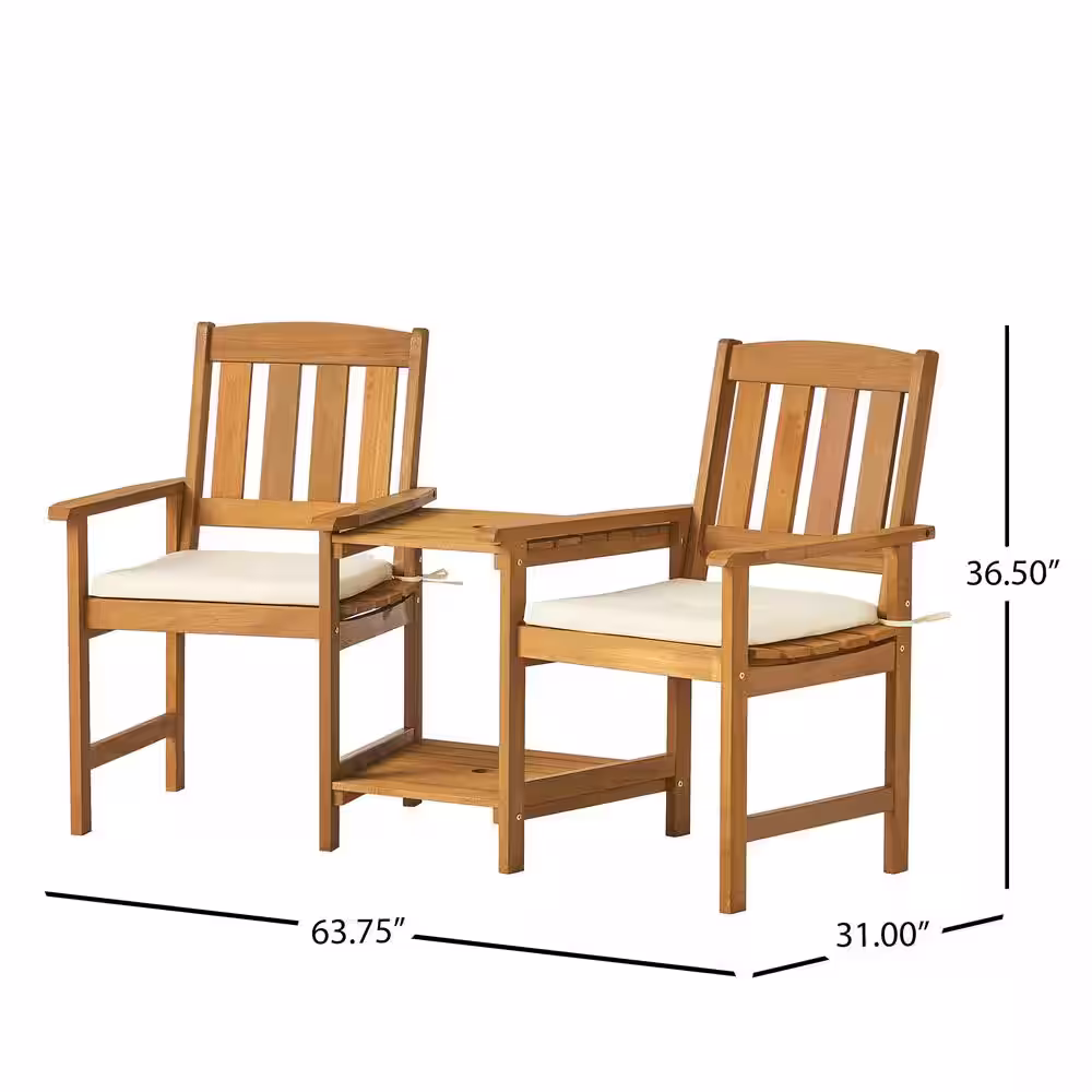 Noble House Cala Cream and Honey Oak 2-Piece Meranti Patio Deep Seating Set with Cream Cushions