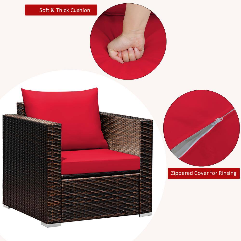 Costway Brown 3-Piece Wicker Patio Conversation Set Garden with Red Cushions