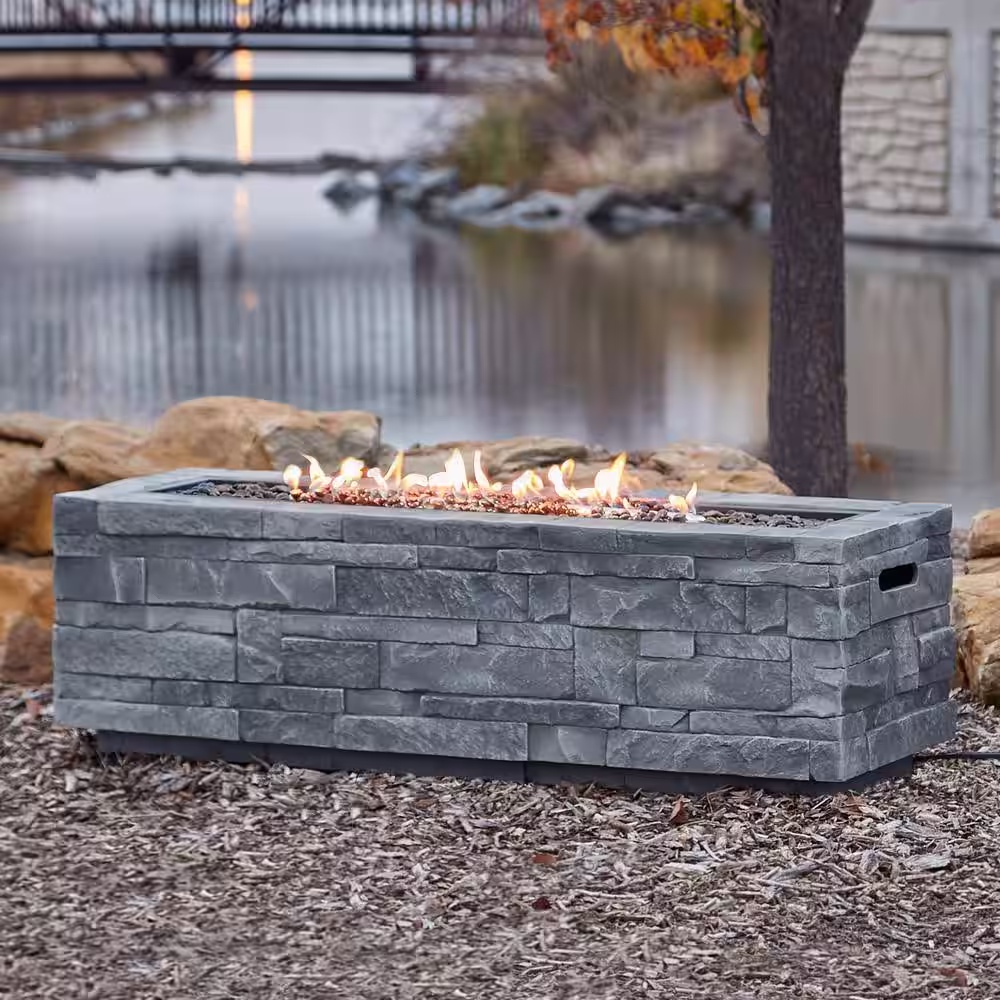 Real Flame Ledgestone 48 in. x 15 in. Rectangle MGO Propane Fire Pit Table in Gray Ledgestone with NG Conversion Kit