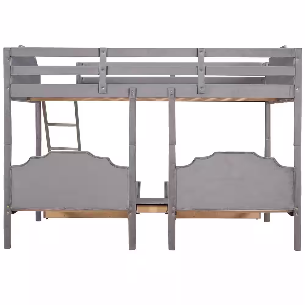 Harper & Bright Designs Gray Full Over Twin and Twin Velvet Bunk Bed with 3-Drawers